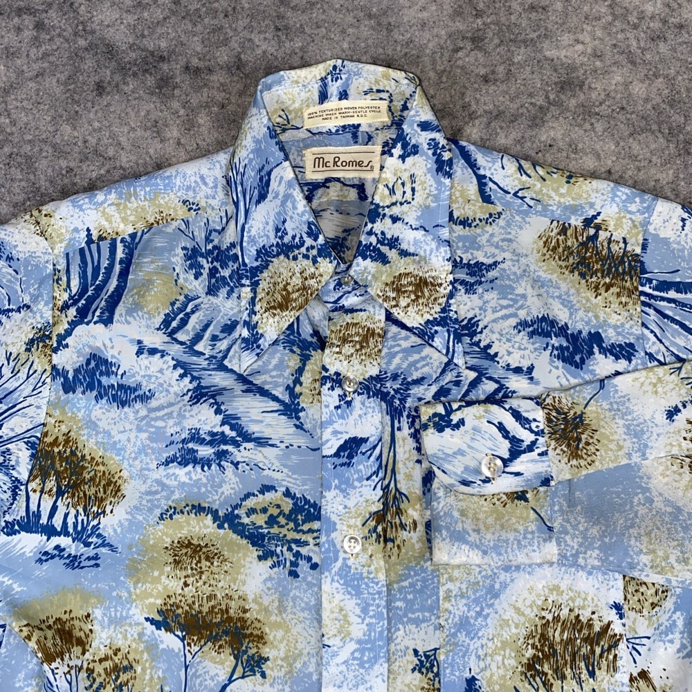 Vtg 70s McRomes Button Shirt Mens S Midcentury Mod Disco Textured Tree Art Print